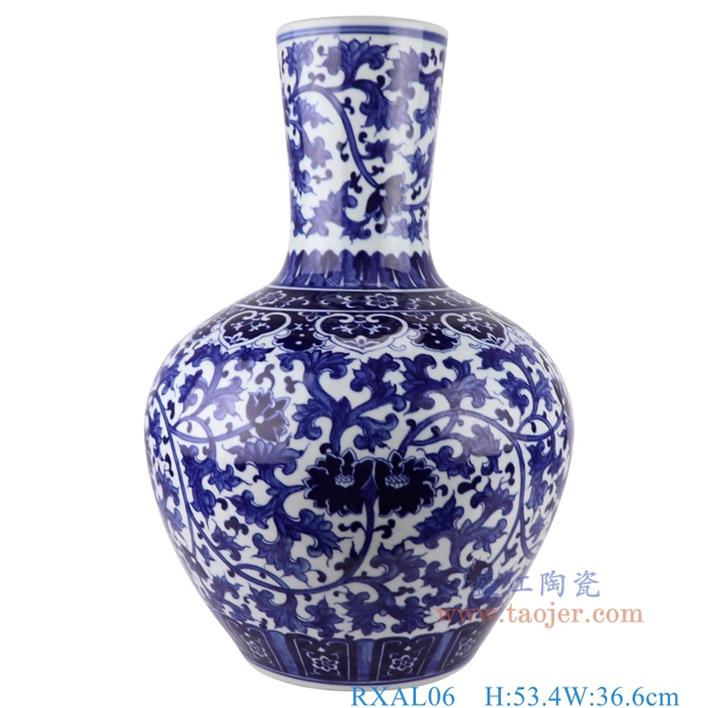 青花缠枝莲天球瓶大号,产品编号:RXAL06 产品尺寸(单位cm): 高53.4直径36.6口径29底径19.9重量9.8KG