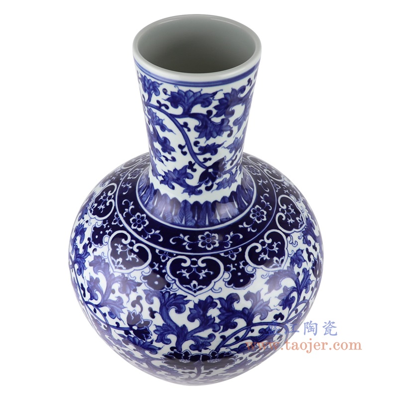 青花缠枝莲天球瓶大号,产品编号:RXAL06 产品尺寸(单位cm): 高53.4直径36.6口径29底径19.9重量9.8KG