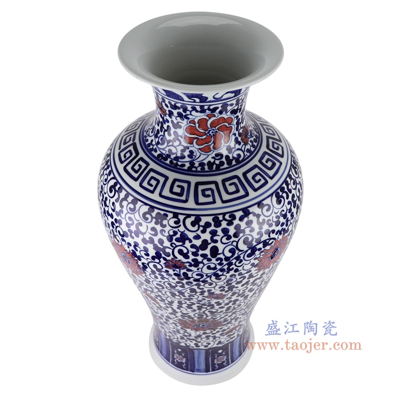 青花釉里红缠枝莲鱼尾瓶大号,产品编号:RXAL08 产品尺寸(单位cm): 高67.1直径31.8口径32底径21.3重量11.05KG