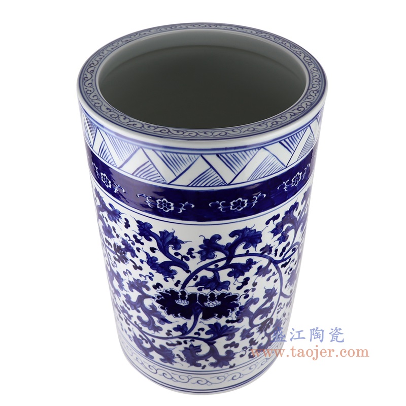 青花缠枝莲箭筒直筒大缸,产品编号:RXAL10 产品尺寸(单位cm): 高60直径37口径10.7底径重量22.3KG
