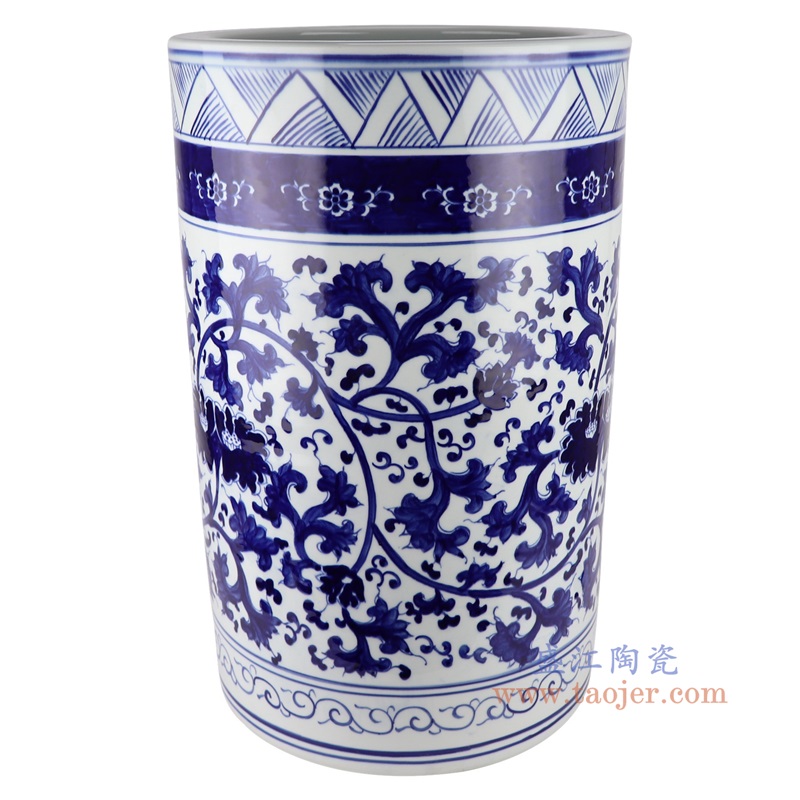 青花缠枝莲箭筒直筒大缸,产品编号:RXAL10 产品尺寸(单位cm): 高60直径37口径10.7底径重量22.3KG