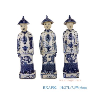 RXAP02   青花清三代站姿雕塑三件套，     高27直径7.5口径底径重量1.8KG