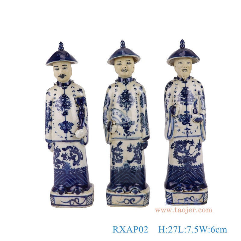 青花清三代站姿雕塑三件套,产品编号:RXAP02 产品尺寸(单位cm): 高27直径7.5口径底径重量1.8KG