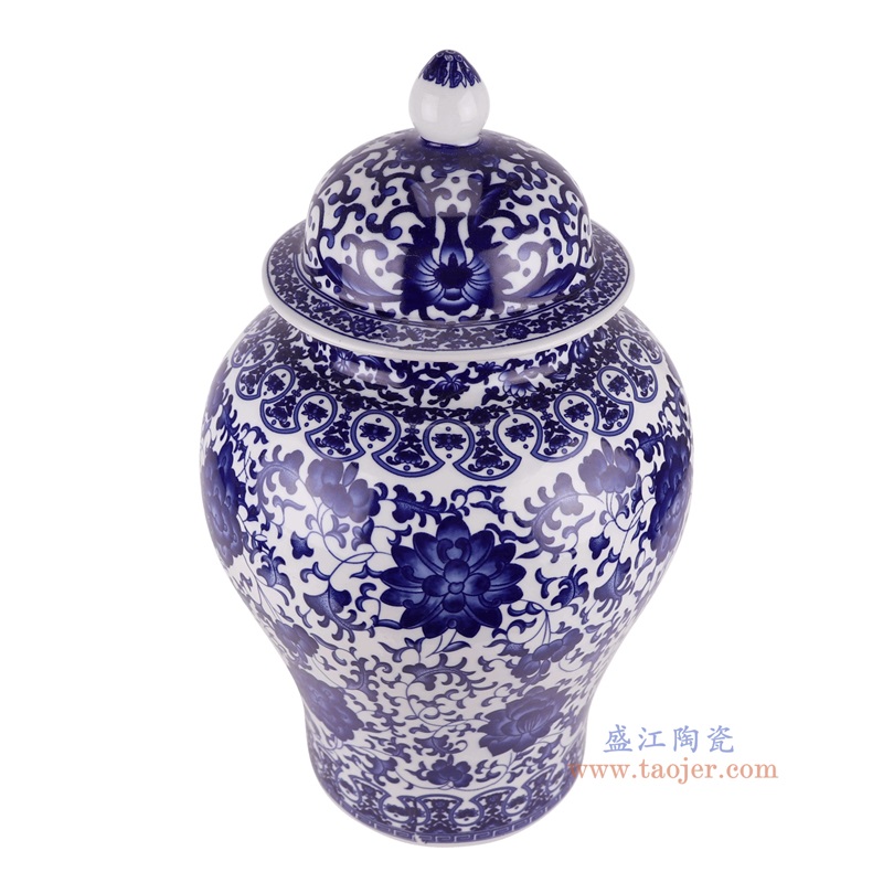 青花缠枝莲将军罐,产品编号:RXAQ01-A 产品尺寸(单位cm): 高49直径29.5口径底径18.6重量9.15KG
