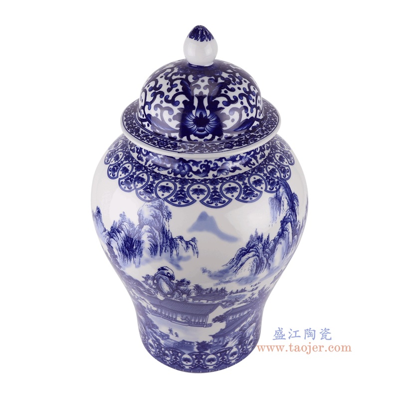 青花山水将军罐,产品编号:RXAQ01-B 产品尺寸(单位cm): 高49直径29.5口径底径18.6重量9.15KG