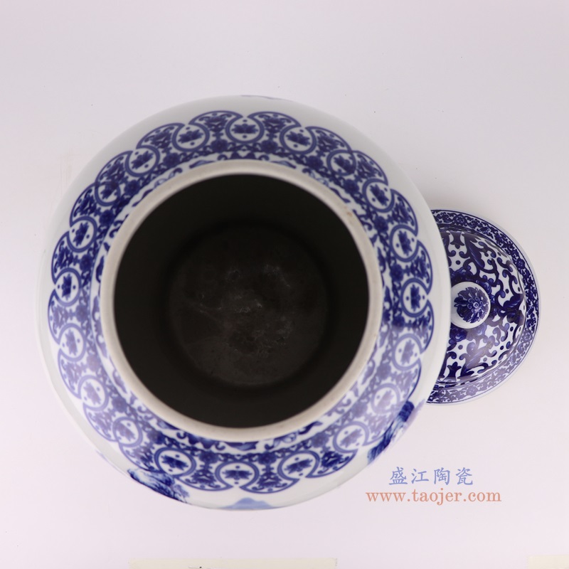 青花山水将军罐,产品编号:RXAQ01-B 产品尺寸(单位cm): 高49直径29.5口径底径18.6重量9.15KG
