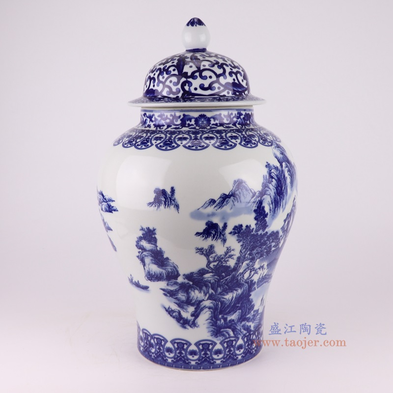 青花山水将军罐,产品编号:RXAQ01-B 产品尺寸(单位cm): 高49直径29.5口径底径18.6重量9.15KG