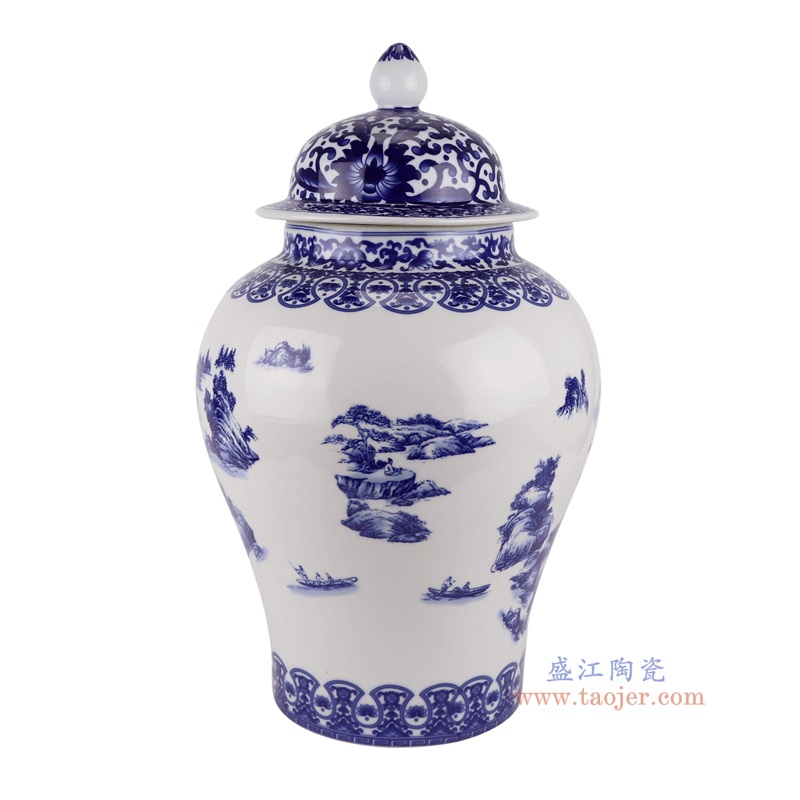 青花山水将军罐,产品编号:RXAQ01-B 产品尺寸(单位cm): 高49直径29.5口径底径18.6重量9.15KG
