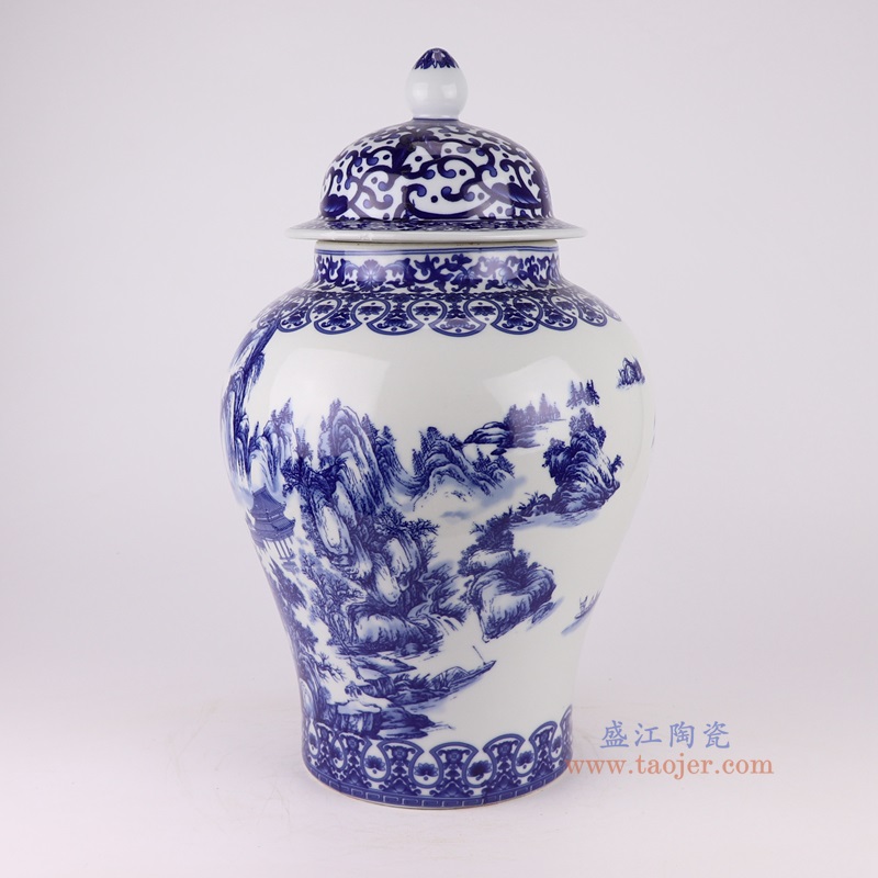 青花山水将军罐,产品编号:RXAQ01-B 产品尺寸(单位cm): 高49直径29.5口径底径18.6重量9.15KG