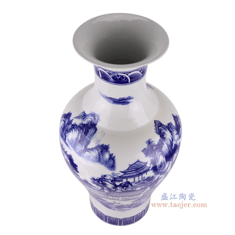 青花山水鱼尾瓶观音瓶,产品编号:RXAQ02-A 产品尺寸(单位cm): 高65.4直径32.6口径底径19.1重量10.95KG