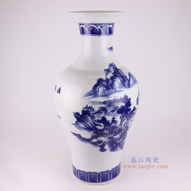 青花山水鱼尾瓶观音瓶,产品编号:RXAQ02-A 产品尺寸(单位cm): 高65.4直径32.6口径底径19.1重量10.95KG