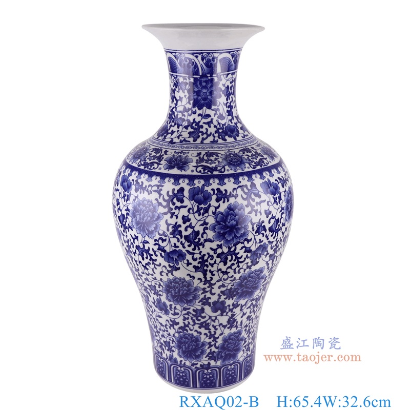 青花缠枝莲鱼尾瓶,产品编号:RXAQ02-B 产品尺寸(单位cm): 高65.4直径32.6口径底径19.1重量10.95KG