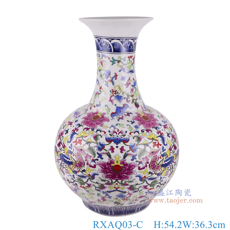 青花五彩缠枝莲赏瓶,产品编号:RXAQ03-C 产品尺寸(单位cm): 高54.2直径36.3口径底径20.4重量8.65KG