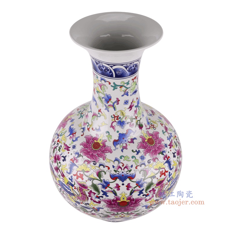 青花五彩缠枝莲赏瓶,产品编号:RXAQ03-C 产品尺寸(单位cm): 高54.2直径36.3口径底径20.4重量8.65KG