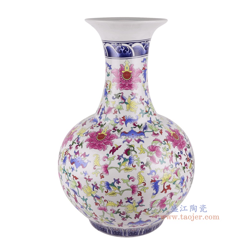 青花五彩缠枝莲赏瓶,产品编号:RXAQ03-C 产品尺寸(单位cm): 高54.2直径36.3口径底径20.4重量8.65KG