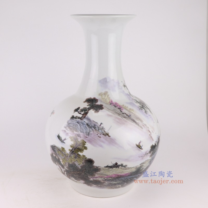 青花粉彩山水赏瓶,产品编号:RXAQ03-D 产品尺寸(单位cm): 高54.2直径36.3口径底径20.4重量8.65KG
