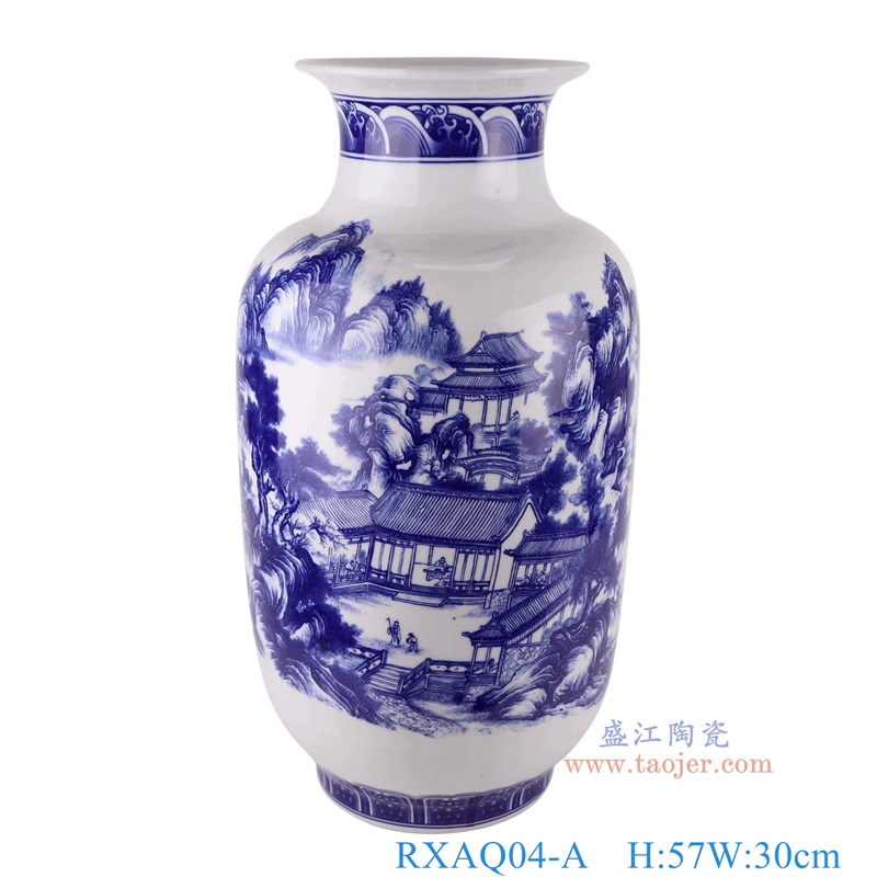 青花山水冬瓜瓶,产品编号:RXAQ04-A 产品尺寸(单位cm): 高57直径30口径底径18.7重量10.1KG