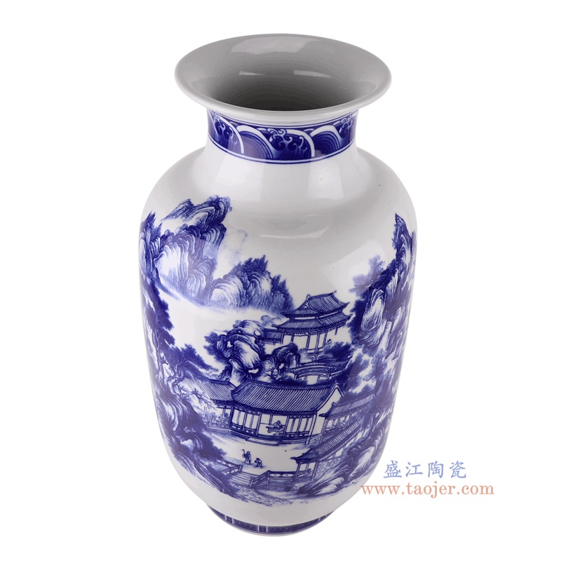 青花山水冬瓜瓶,产品编号:RXAQ04-A 产品尺寸(单位cm): 高57直径30口径底径18.7重量10.1KG