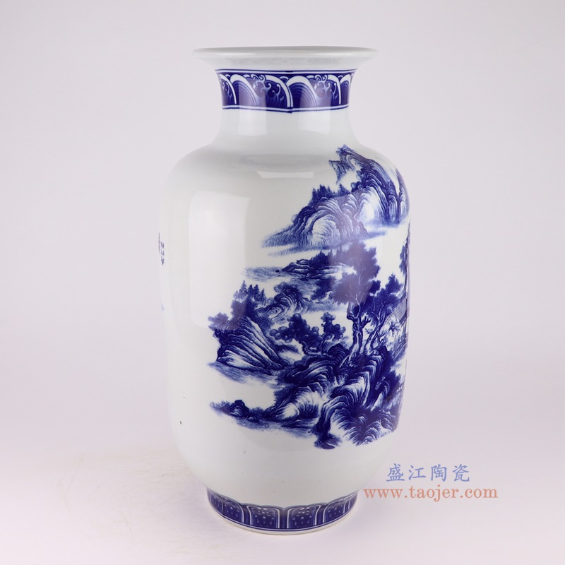 青花山水冬瓜瓶,产品编号:RXAQ04-A 产品尺寸(单位cm): 高57直径30口径底径18.7重量10.1KG