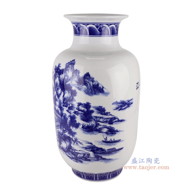 青花山水冬瓜瓶,产品编号:RXAQ04-A 产品尺寸(单位cm): 高57直径30口径底径18.7重量10.1KG