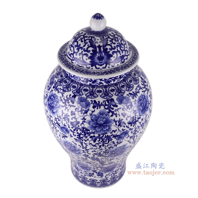 青花缠枝莲将军罐大号,产品编号:RXAQ05 产品尺寸(单位cm): 高62.5直径34.5口径底径21重量8KG