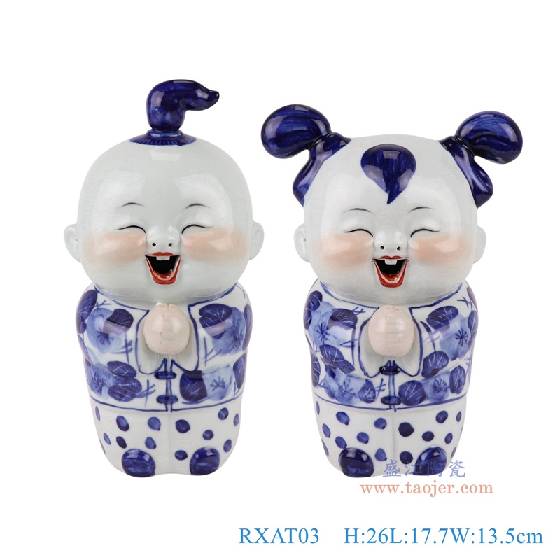 青花恭喜发财娃娃孩童雕塑一对,产品编号:RXAT03 产品尺寸(单位cm): 高26直径17.7口径底径10重量1.6KG