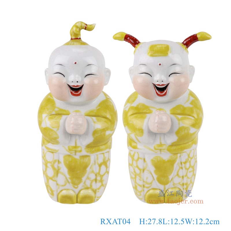 黄色恭喜发财娃娃孩童雕塑一对,产品编号:RXAT04 产品尺寸(单位cm): 高27.8直径12.5口径底径8.5重量1.75KG