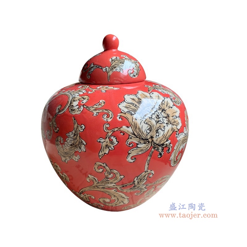 红底缠枝莲宝珠坛,产品编号:RXAW01-A 产品尺寸(单位cm): 高25直径21口径底径重量KG