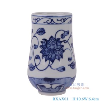 RXAX01   青花缠枝莲福筒小花瓶，     高10.6直径6.4口径底径3.5重量0.1KG