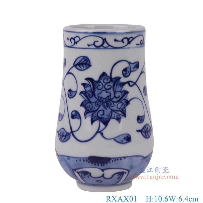 青花缠枝莲福筒小花瓶,产品编号:RXAX01 产品尺寸(单位cm): 高10.6直径6.4口径底径3.5重量0.1KG