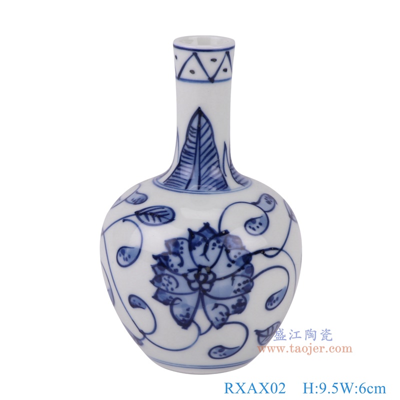 青花缠枝莲小天球瓶，产品编号：RXAX02       产品尺寸(单位cm):  高9.5直径6口径底径2.2重量0.1KG
