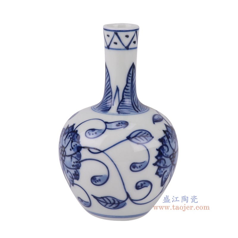 青花缠枝莲小天球瓶,产品编号:RXAX02 产品尺寸(单位cm): 高9.5直径6口径底径2.2重量0.1KG