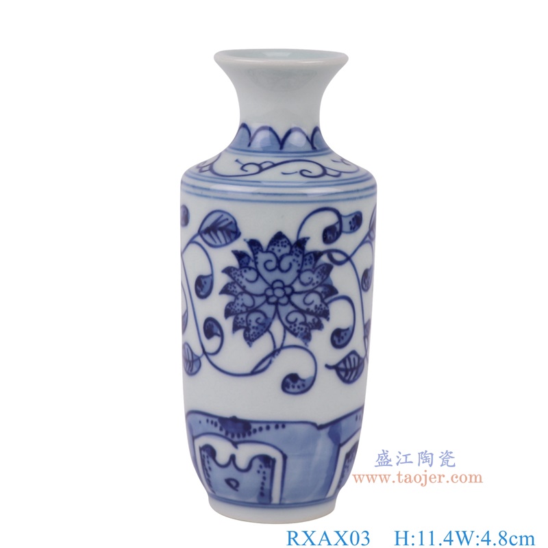 青花缠枝莲小棒槌瓶,产品编号:RXAX03 产品尺寸(单位cm): 高11.4直径4.8口径底径3重量0.1KG