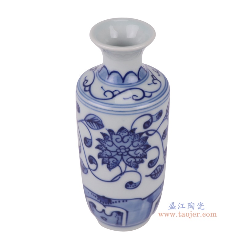 青花缠枝莲小棒槌瓶,产品编号:RXAX03 产品尺寸(单位cm): 高11.4直径4.8口径底径3重量0.1KG