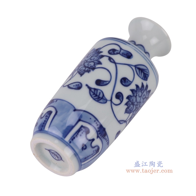 青花缠枝莲小棒槌瓶,产品编号:RXAX03 产品尺寸(单位cm): 高11.4直径4.8口径底径3重量0.1KG