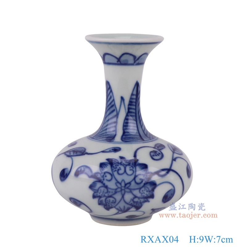 青花缠枝莲小扁肚瓶,产品编号:RXAX04 产品尺寸(单位cm): 高9直径7口径底径2.4重量0.1KG