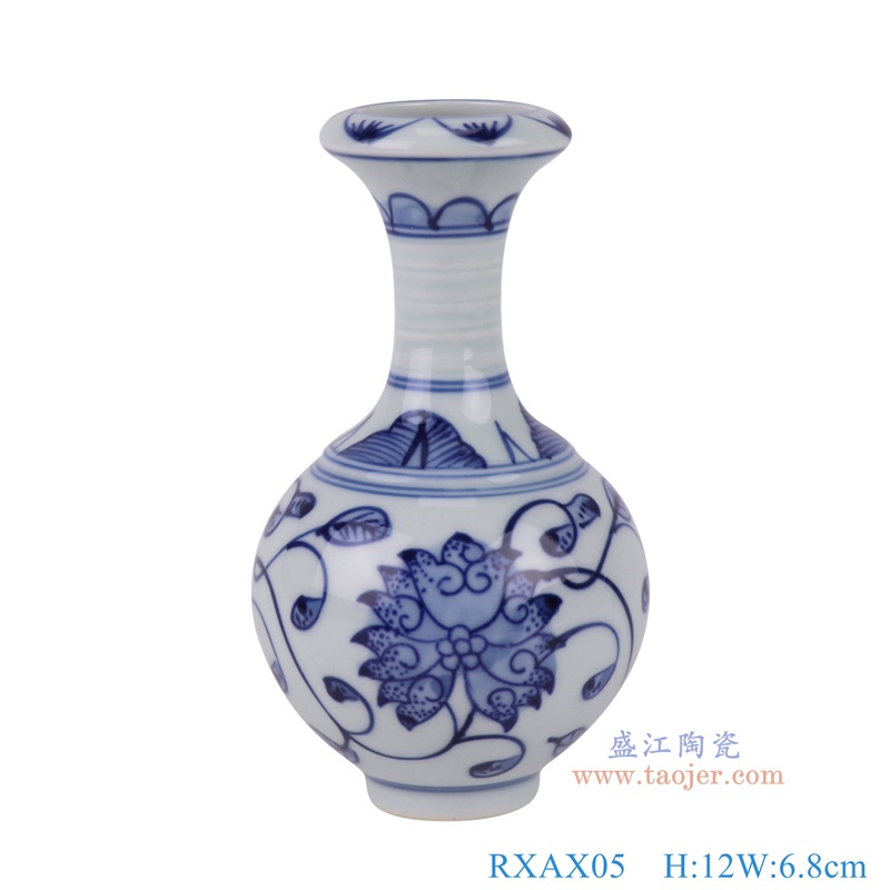 青花缠枝莲小蒜头瓶,产品编号:RXAX05 产品尺寸(单位cm): 高12直径6.8口径底径2.3重量0.1KG