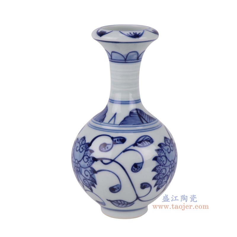 青花缠枝莲小蒜头瓶,产品编号:RXAX05 产品尺寸(单位cm): 高12直径6.8口径底径2.3重量0.1KG