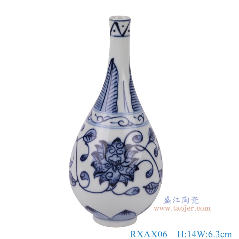 青花缠枝莲小尖嘴玉壶春瓶,产品编号:RXAX06 产品尺寸(单位cm): 高14直径6.3口径底径2.3重量0.1KG