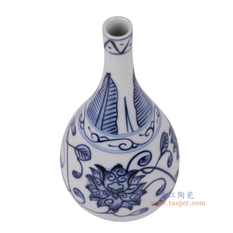 青花缠枝莲小尖嘴玉壶春瓶,产品编号:RXAX06 产品尺寸(单位cm): 高14直径6.3口径底径2.3重量0.1KG