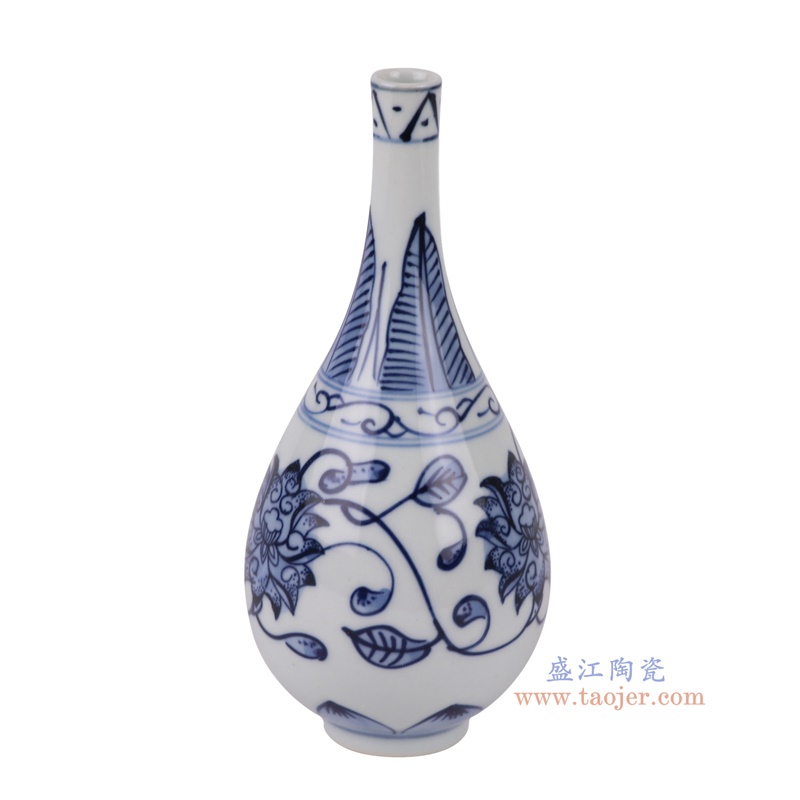 青花缠枝莲小尖嘴玉壶春瓶,产品编号:RXAX06 产品尺寸(单位cm): 高14直径6.3口径底径2.3重量0.1KG