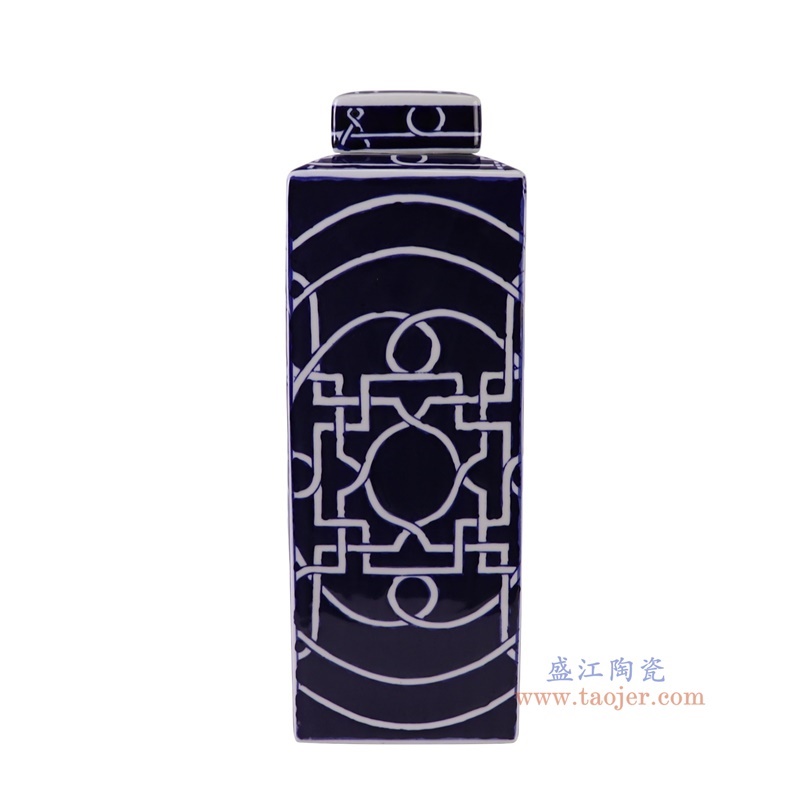 青花蓝底剪纸窗花纹四方茶叶罐大号,产品编号:RXAY01-L 产品尺寸(单位cm): 高40直径13口径底径重量3.6KG
