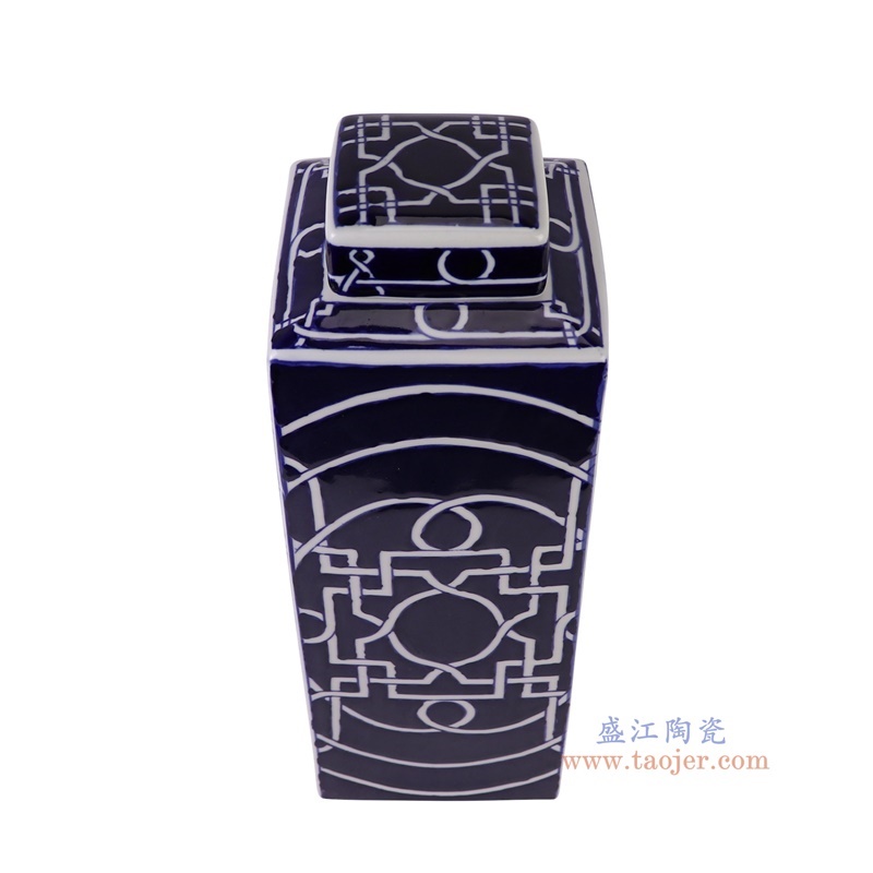 青花蓝底剪纸窗花纹四方茶叶罐大号,产品编号:RXAY01-L 产品尺寸(单位cm): 高40直径13口径底径重量3.6KG