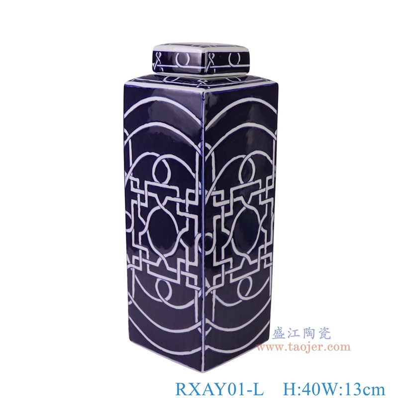 青花蓝底剪纸窗花纹四方茶叶罐大号,产品编号:RXAY01-L 产品尺寸(单位cm): 高40直径13口径底径重量3.6KG