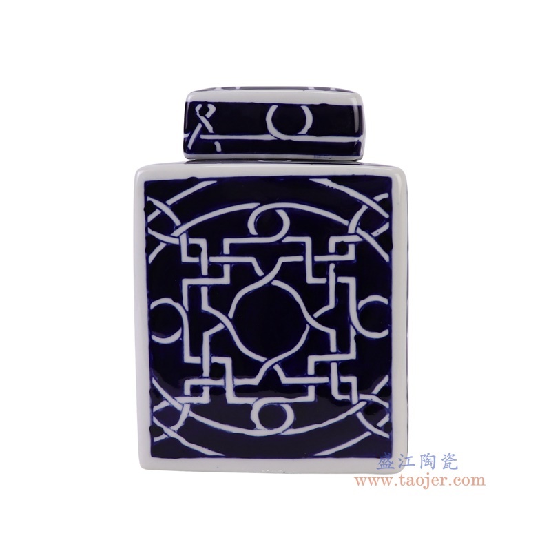 青花蓝底剪纸窗花纹四方茶叶罐小号,产品编号:RXAY01-S 产品尺寸(单位cm): 高18.6直径13.6口径底径重量0.7KG
