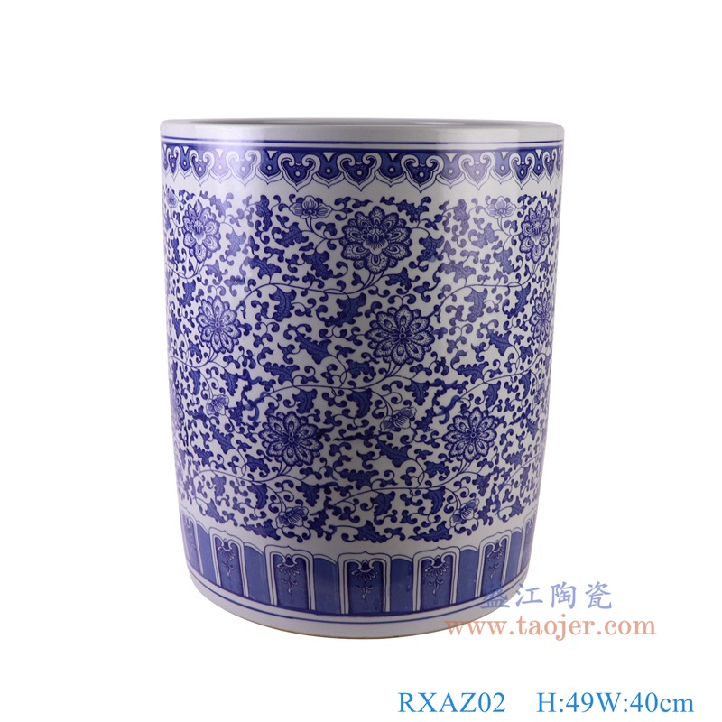 青花缠枝莲箭筒伞筒直筒大缸,产品编号:RXAZ02 产品尺寸(单位cm): 高49直径40口径底径重量19.2KG