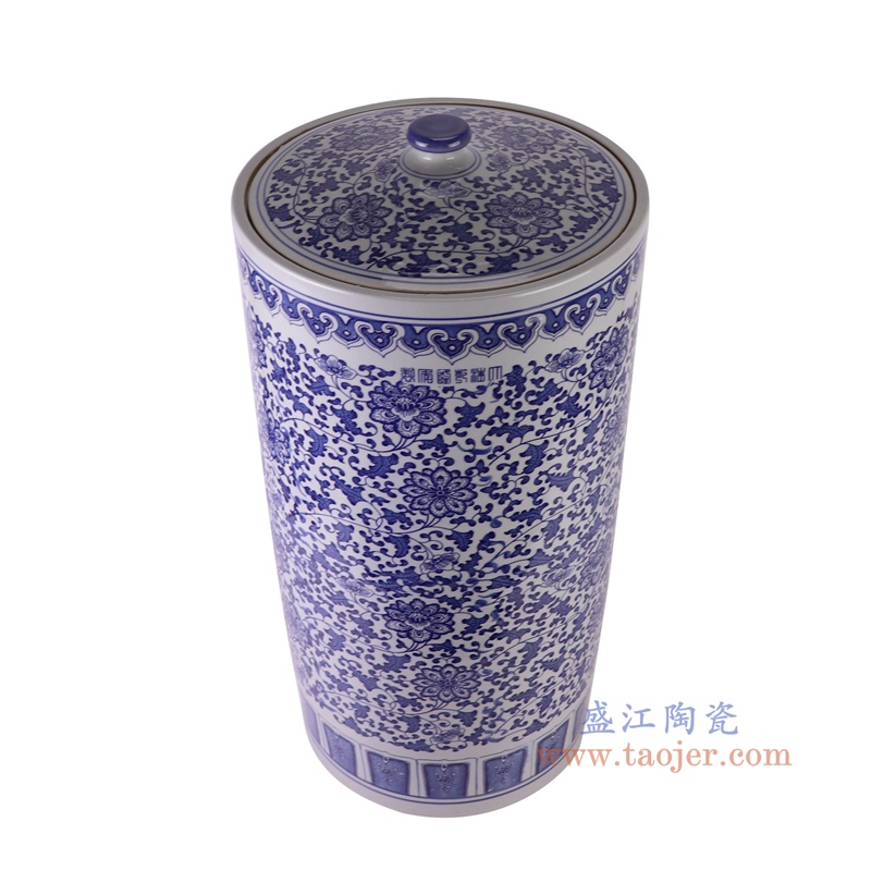 青花缠枝莲米缸直筒大号茶叶罐,产品编号:RXAZ03 产品尺寸(单位cm): 高67直径33.2口径底径重量21KG