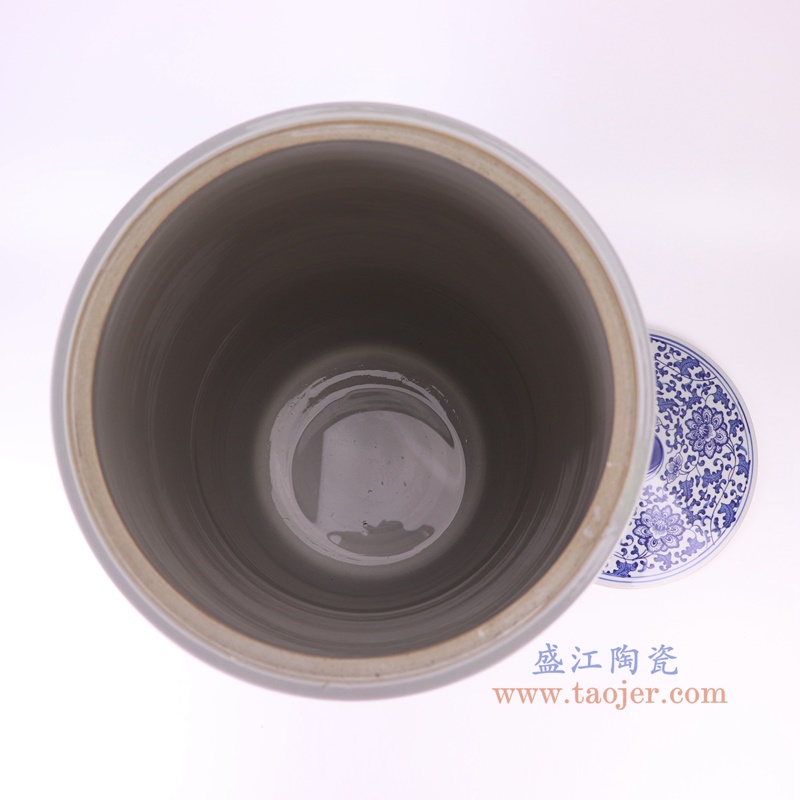 青花缠枝莲米缸直筒大号茶叶罐,产品编号:RXAZ03 产品尺寸(单位cm): 高67直径33.2口径底径重量21KG