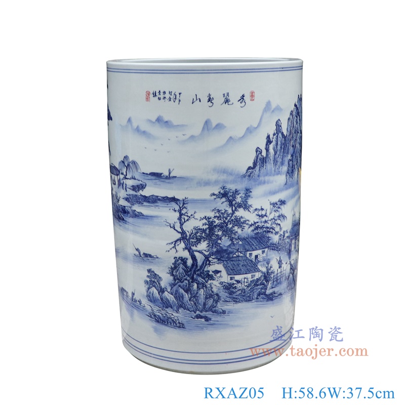 青花山水箭筒伞筒直筒,产品编号:RXAZ05 产品尺寸(单位cm): 高58.6直径37.5口径底径重量19.75KG
