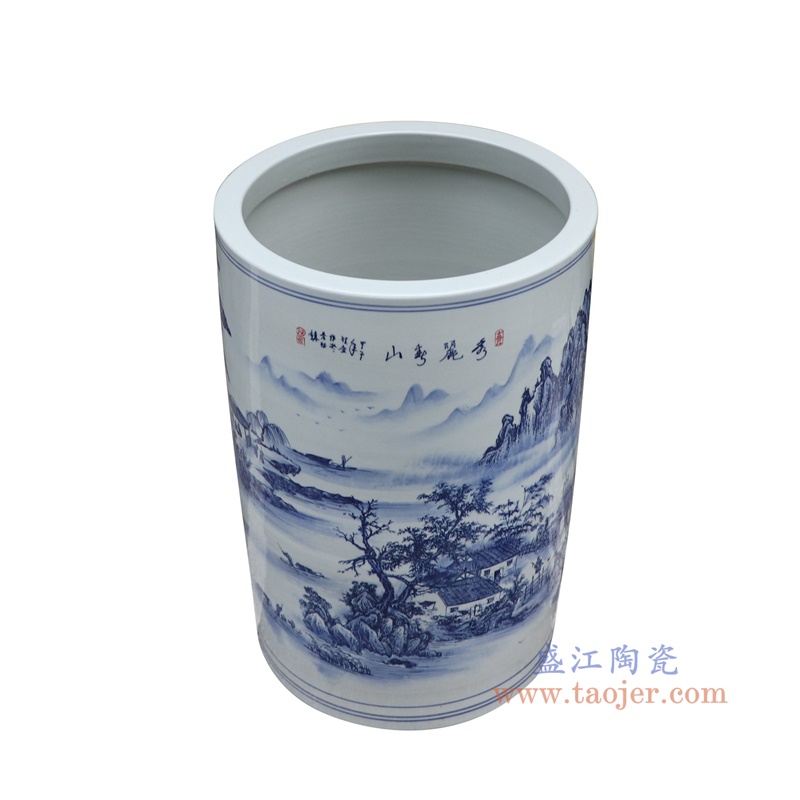 青花山水箭筒伞筒直筒,产品编号:RXAZ05 产品尺寸(单位cm): 高58.6直径37.5口径底径重量19.75KG